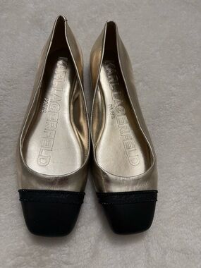 Karl Lagerfeld Metallic Gold Leather Flats with Black Cap Toe